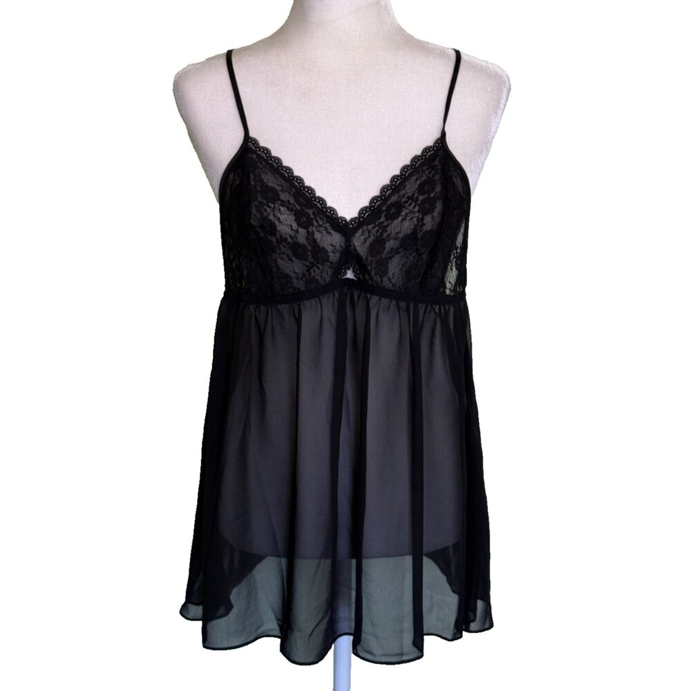 Women's‎ Black Lace Chemise Nightgown Sheer Chiffon Babydoll Size Large